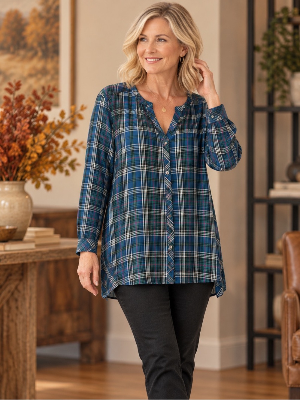 J.Jill Plaid Button Front Tunic Blouse Size Large Blue Green Rayon